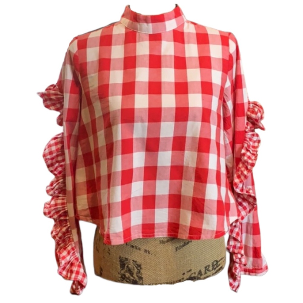 Storets Red White Checkered Top Ruffle Sleeves *